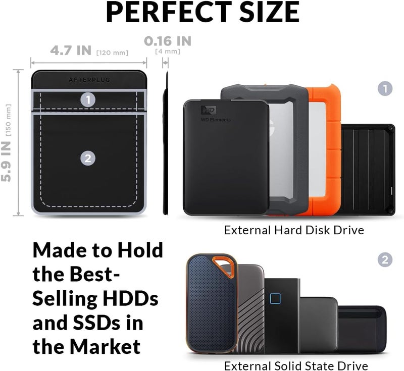 Afterplug 2-Pocket Adhesive Pouch for Laptop, Compatible with External 2.5" HDD, SSD, Magic Mouse, USB Cable and More - Black - Image 2